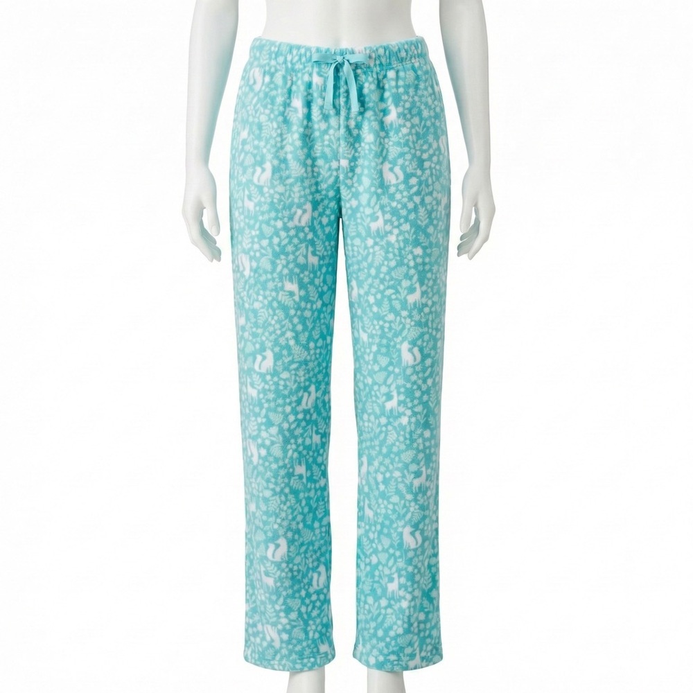 Eddie Bauer Girls Fleece Pajama Pants Large Teal Fox Deer Woodland Print Cozy